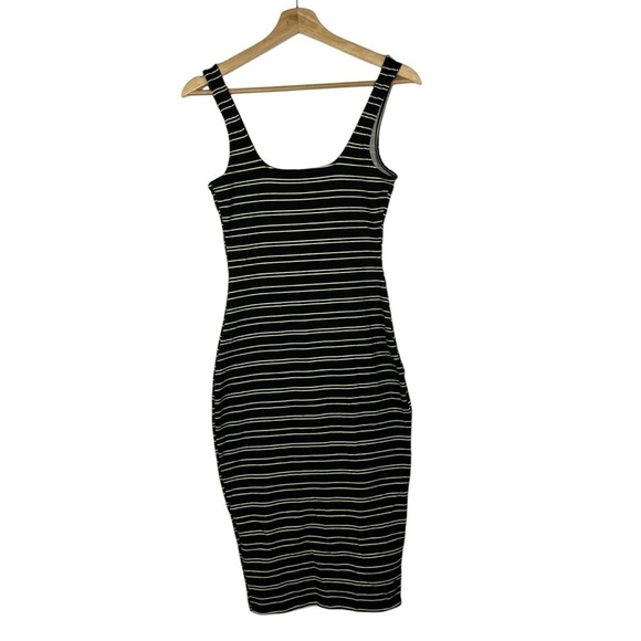 Express Black Neon Yellow Stripe Bodycon Button Side Midi Dress XS - Picture 2 of 3